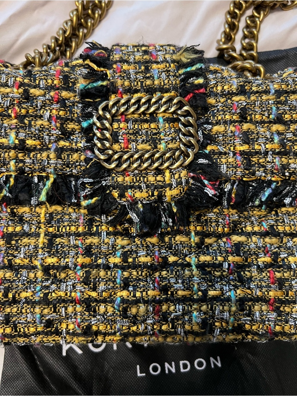 Kurt Geiger London Mayfair Tweed Multi Color Chain-Detail Shoulder Bag - Picture 2 of 13